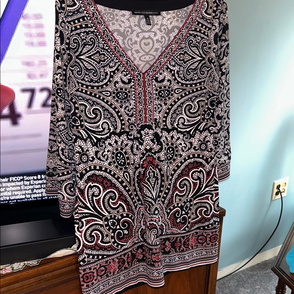 White House Black Market - Black /White Paisley Blouse W/Red Accents, Size Med